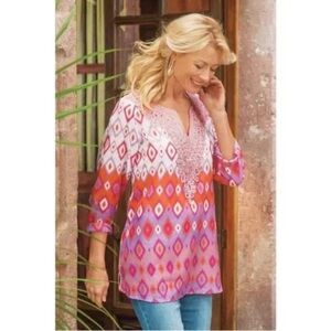Soft Surroundings Cinnabar Pink Embroidered Ikat Tunic Top Size S